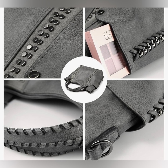 New Realer Gray Large Capacity Shoulder Bag/Tote Studded Details - Picture 13 of 16